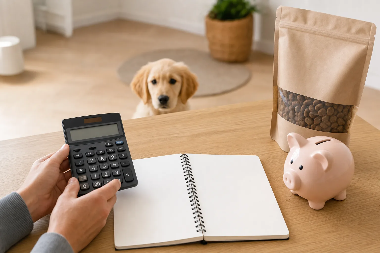 Mains d'un propriétaire tenant une calculatrice près d'un carnet, d'une tirelire et d'un sachet de croquettes, un chiot golden retriever observant au fond