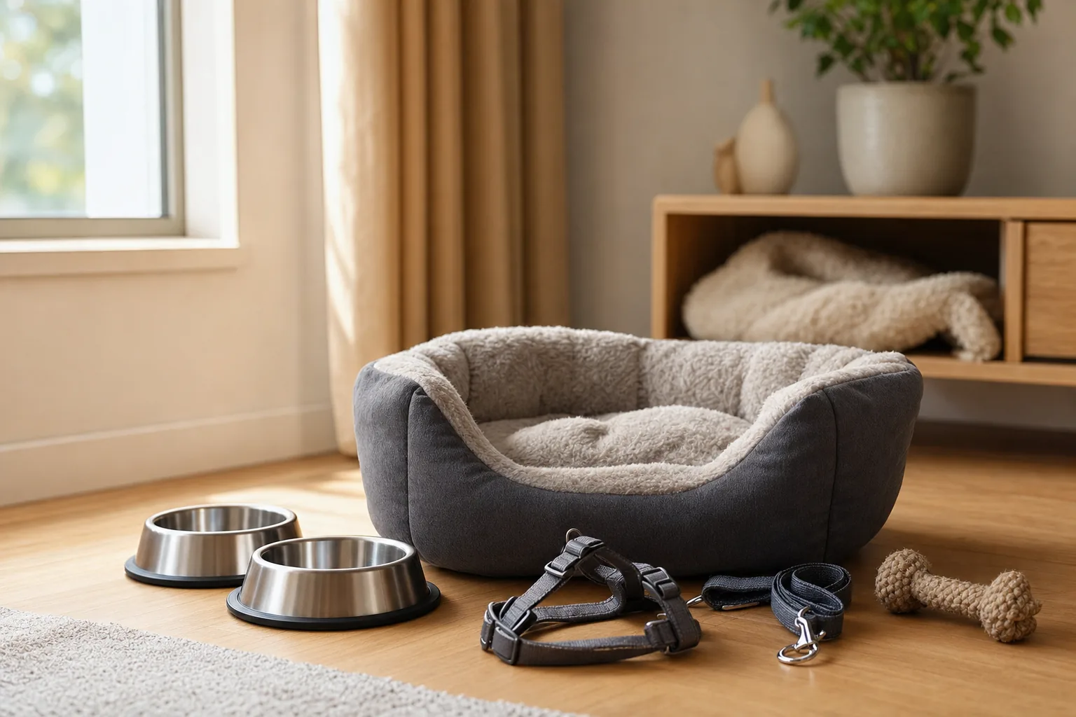 Coin salon préparé pour un chiot avec panier douillet, gamelles en inox, harnais, laisse et jouet à mâcher