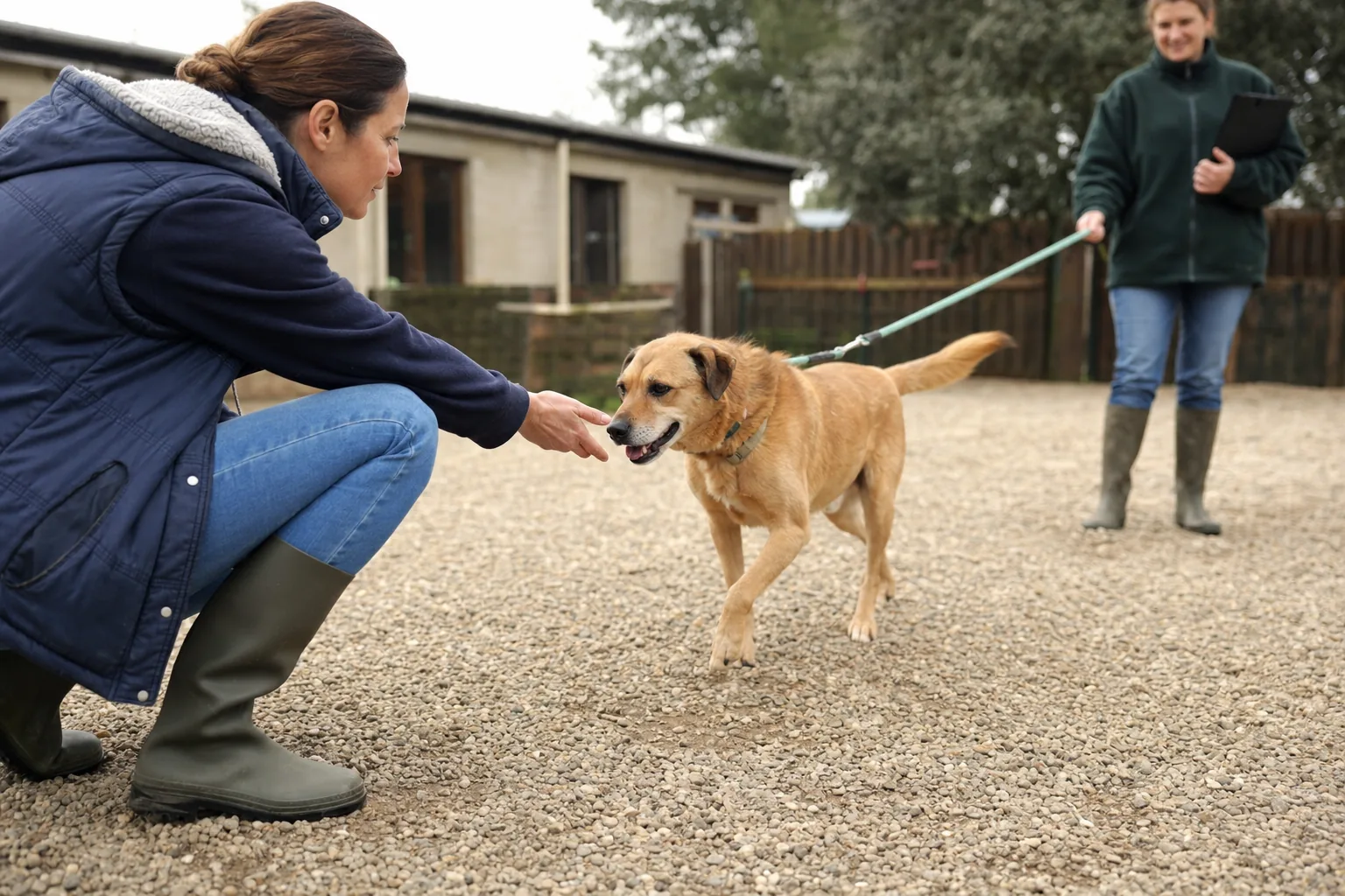 Femme accroupie dans la cour d’un refuge qui tend la main vers un chien croisé adulte au poil fauve tenu en longe par une bénévole