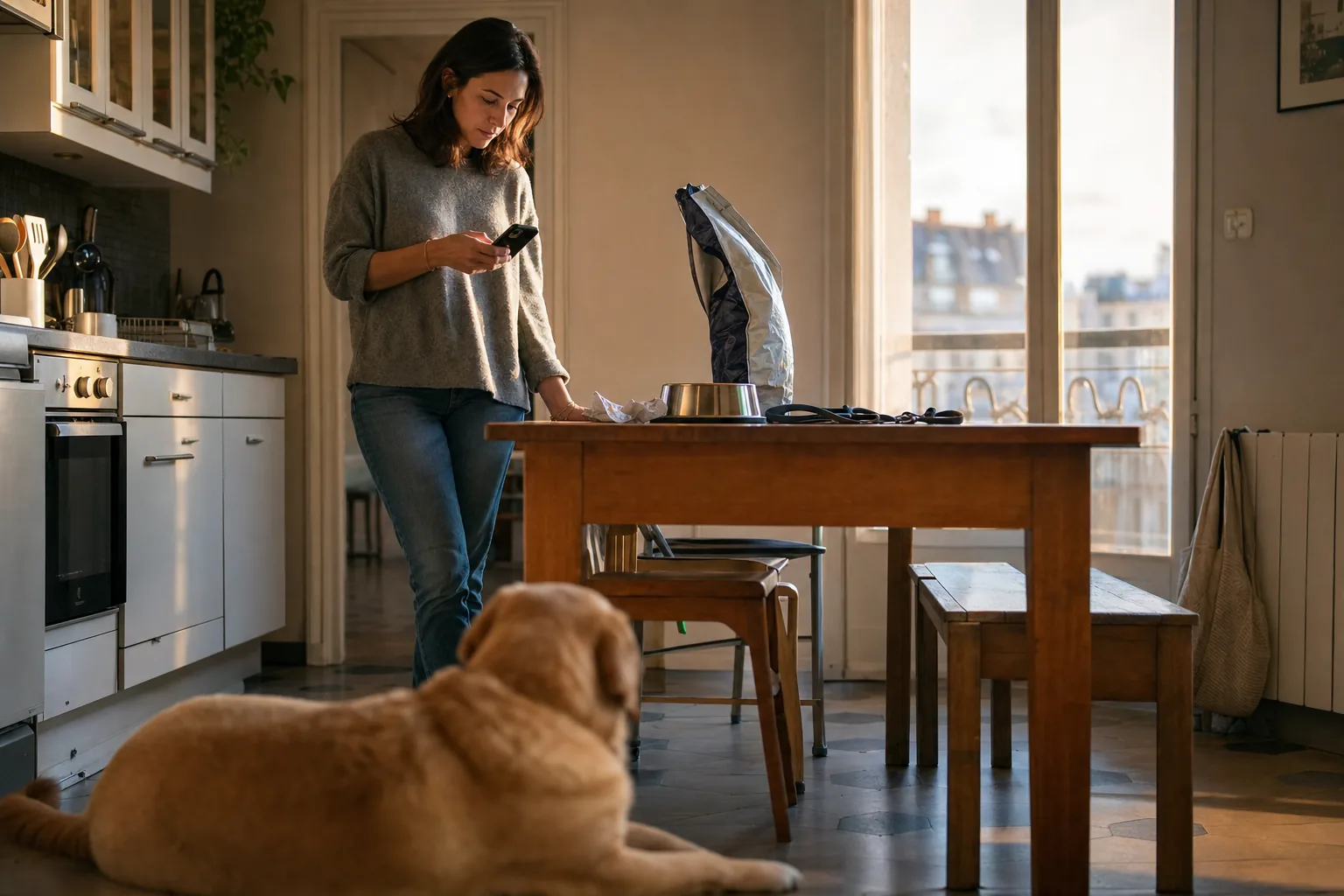 Cuisine d’appartement en fin de journée, sac de croquettes ouvert, gamelle et laisse sur la table, labrador couché au premier plan