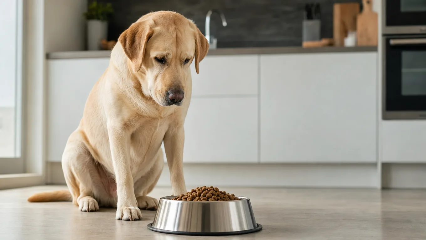 Labrador sable attentif devant une gamelle de croquettes dans une cuisine