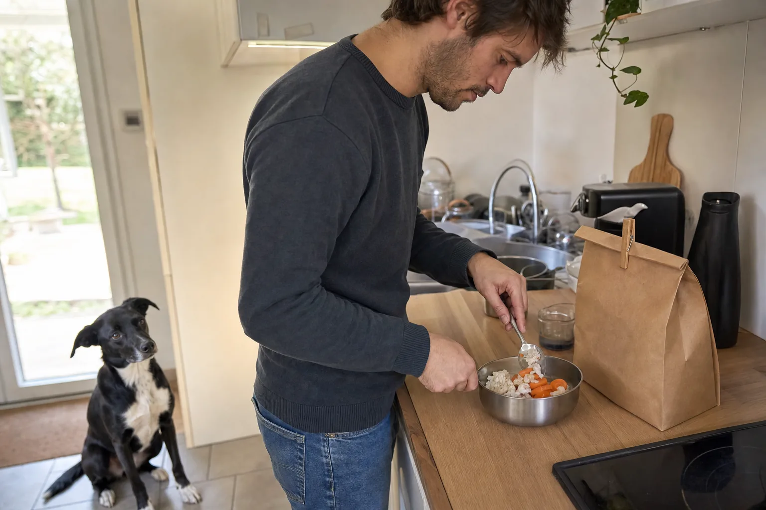 Homme qui verse du riz, du poulet et des carottes cuits dans une gamelle sur le plan de travail, à côté d’un sac en papier kraft, un chien croisé noir et blanc assis qui le regarde