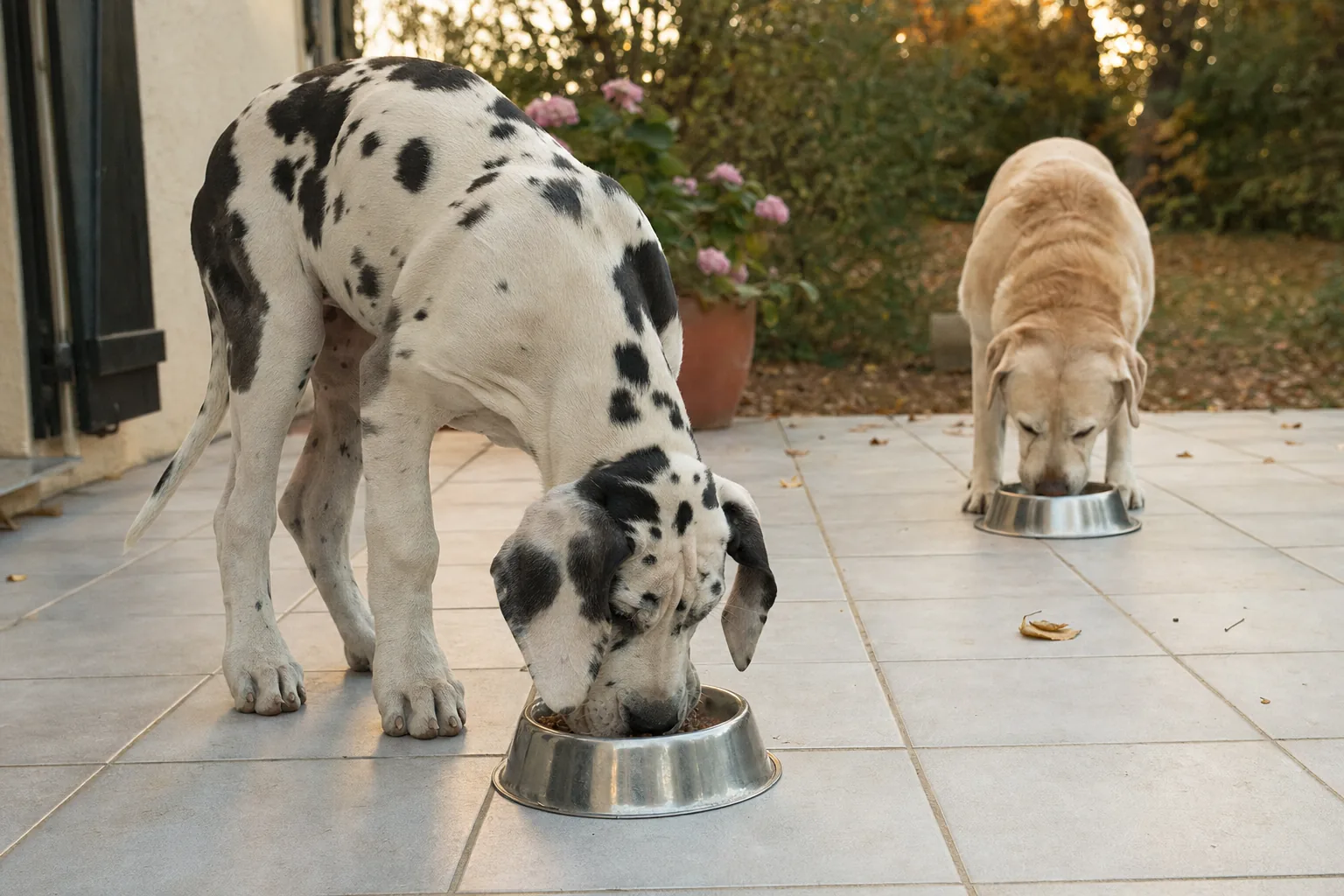Jeune dogue allemand arlequin et vieux labrador sable qui mangent chacun dans sa gamelle sur une terrasse carrelée en automne