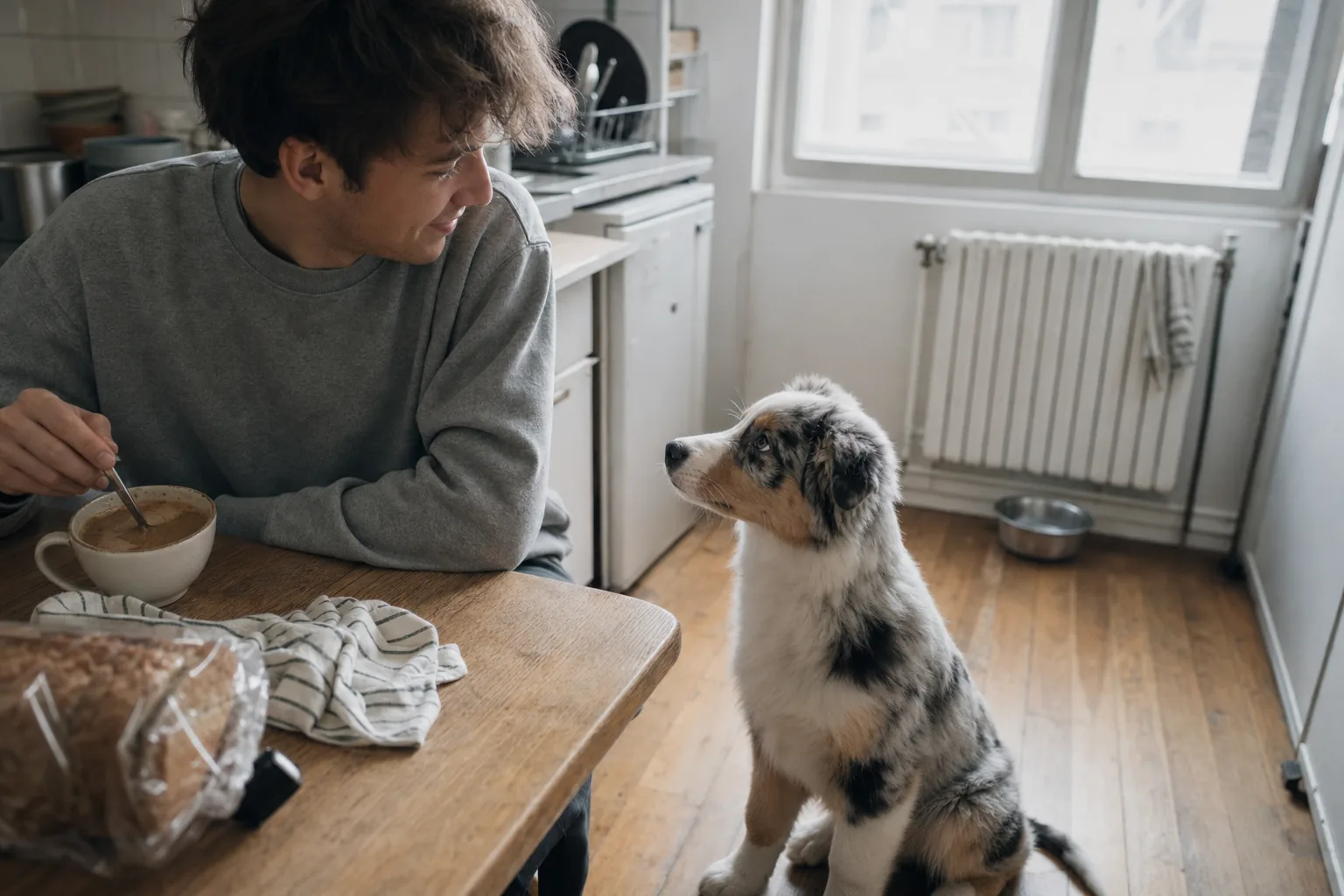 Dans la cuisine d’un appartement, un jeune homme en sweat gris assis devant son bol de café regarde un chiot berger australien bleu merle assis à ses pieds qui le fixe, une gamelle en inox vide posée au sol près du radiateur