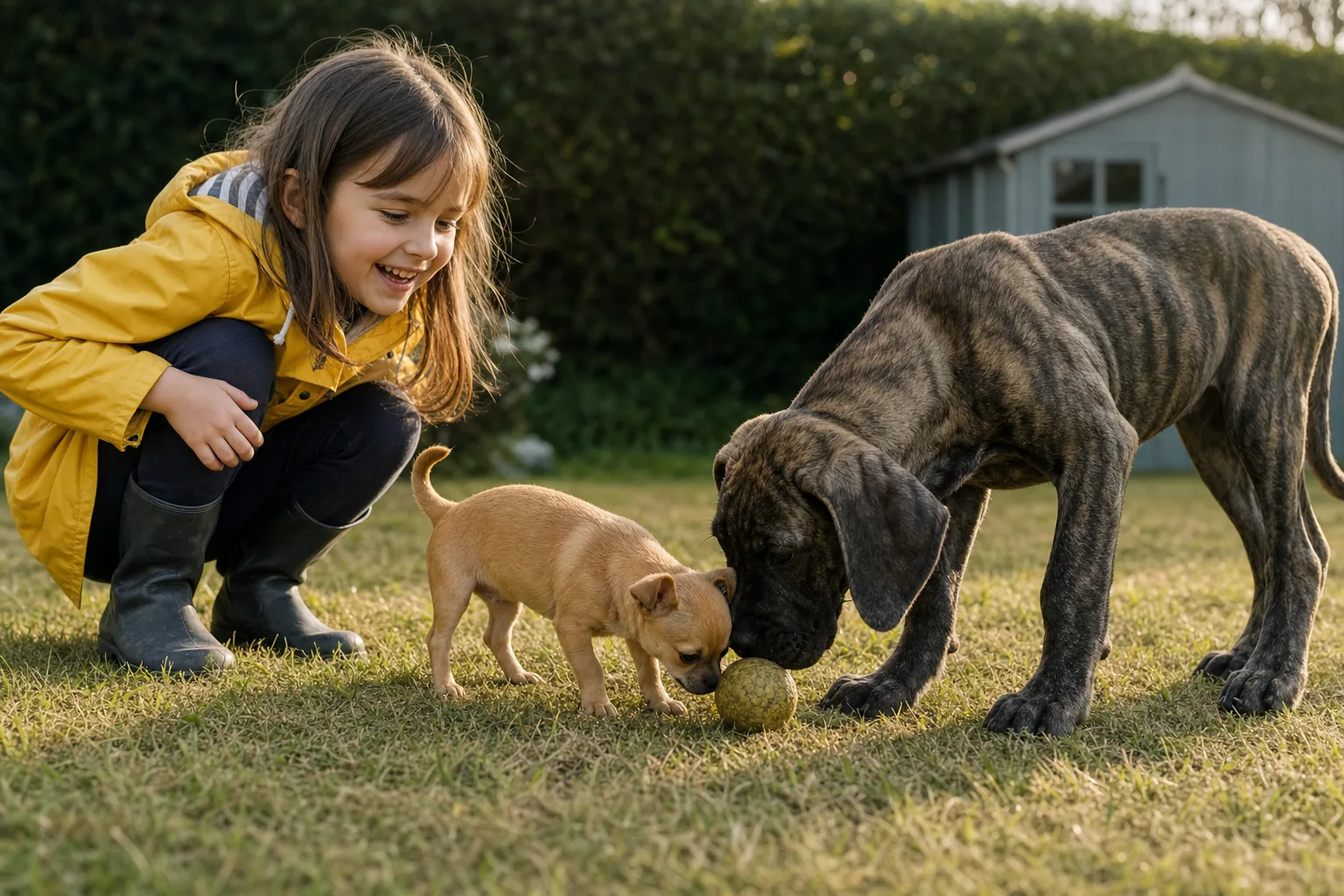 Sur la pelouse d’un jardin de pavillon, un chiot chihuahua fauve et un chiot dogue allemand bringé du même âge reniflent la même balle, sous le regard d’une fillette en ciré jaune accroupie qui rit