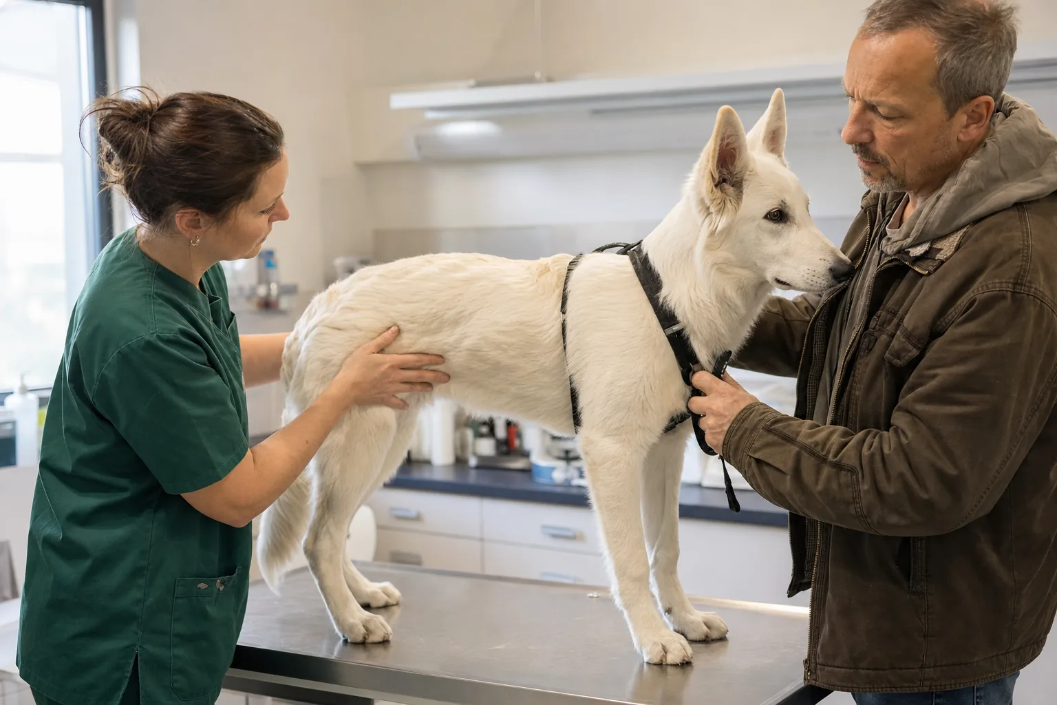 Dans une clinique vétérinaire, une vétérinaire en tunique verte pose les mains sur les flancs d’un jeune berger blanc suisse debout sur la table de consultation pour sentir ses côtes, tenu au harnais par son maître