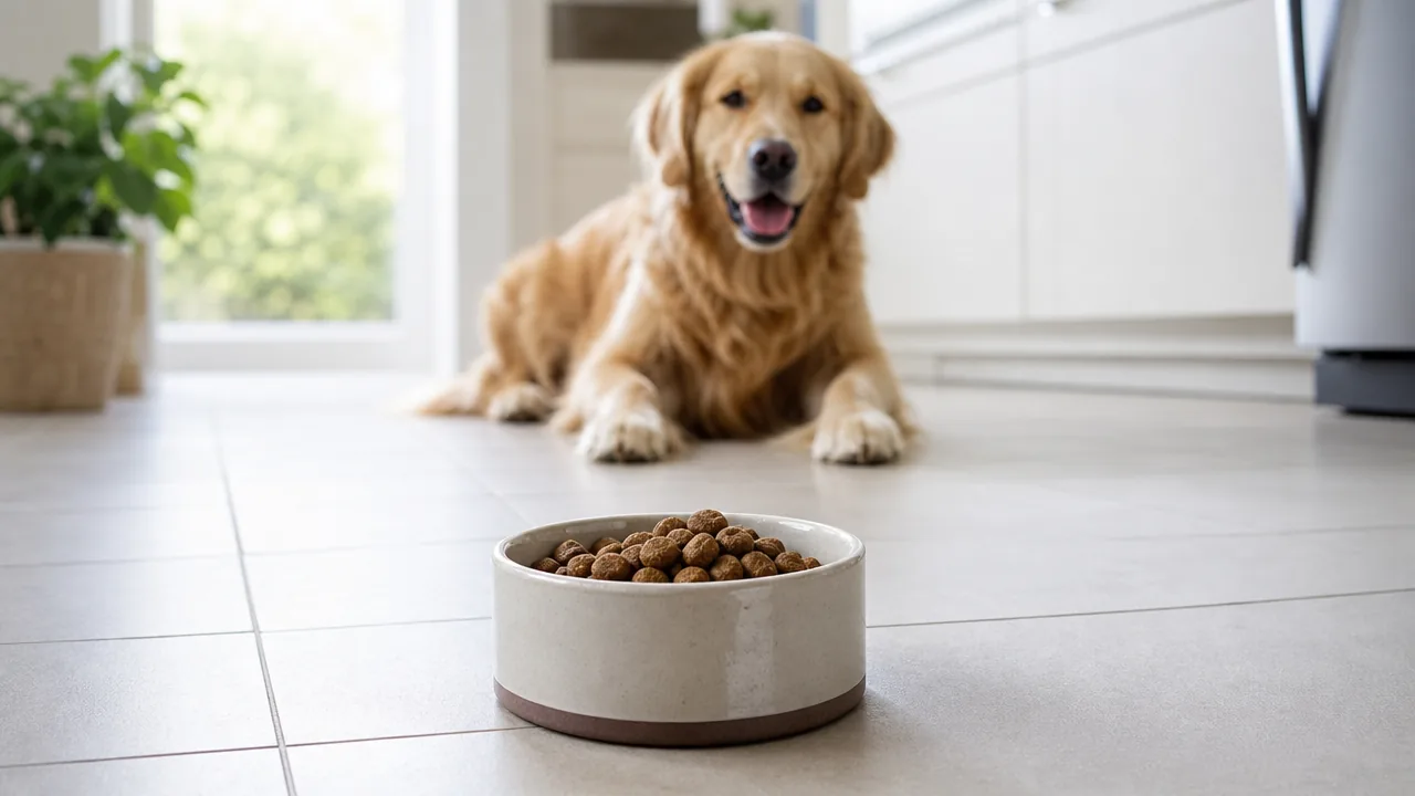 Gamelle de croquettes au sol, un golden retriever attend en arrière-plan