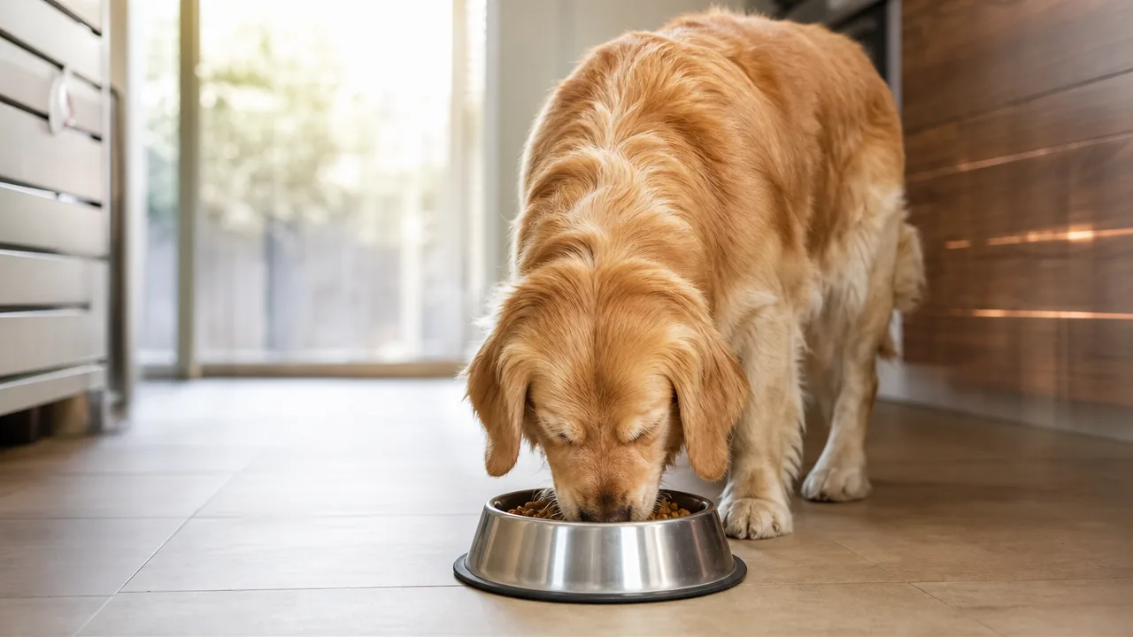 Golden retriever mangeant dans sa gamelle posée au sol