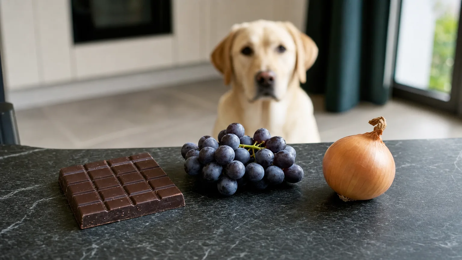 Chocolat noir, raisin et oignon sur un plan de travail, un labrador observe