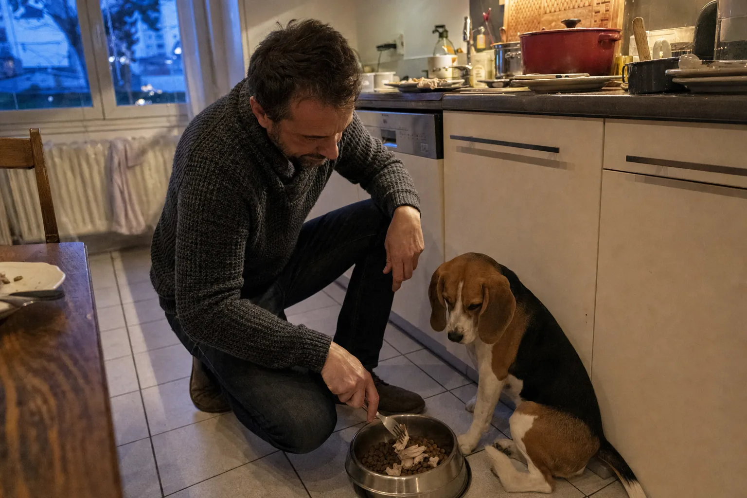 Homme accroupi dans la cuisine d’un appartement qui fait glisser à la fourchette des morceaux de poulet sur une gamelle de croquettes, sous le regard d’un beagle tricolore assis contre les placards