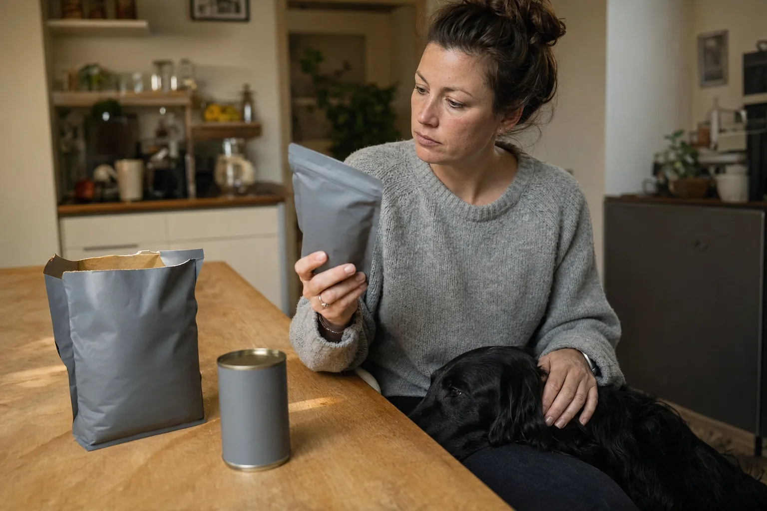 Femme assise à la table de sa cuisine qui retourne un sachet de pâtée pour en lire le dos, un sac de croquettes et une boîte posés devant elle, un retriever à poil plat noir la tête sur ses genoux