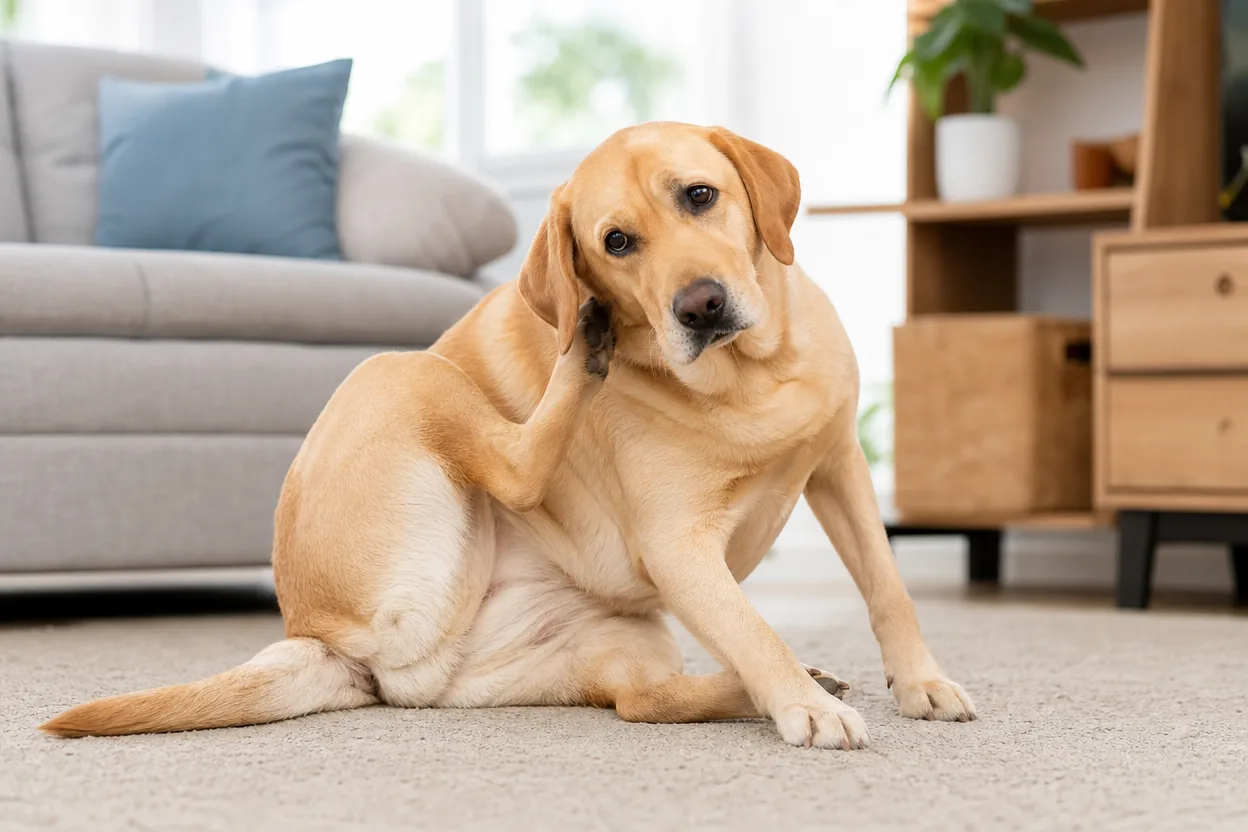 Labrador sable se grattant le cou avec la patte arrière dans un salon lumineux
