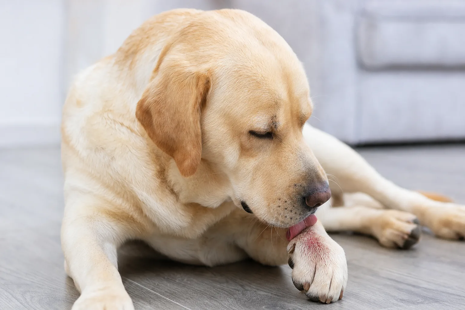 Gros plan d'un labrador mordillant sa patte avant irritée, couché dans un salon