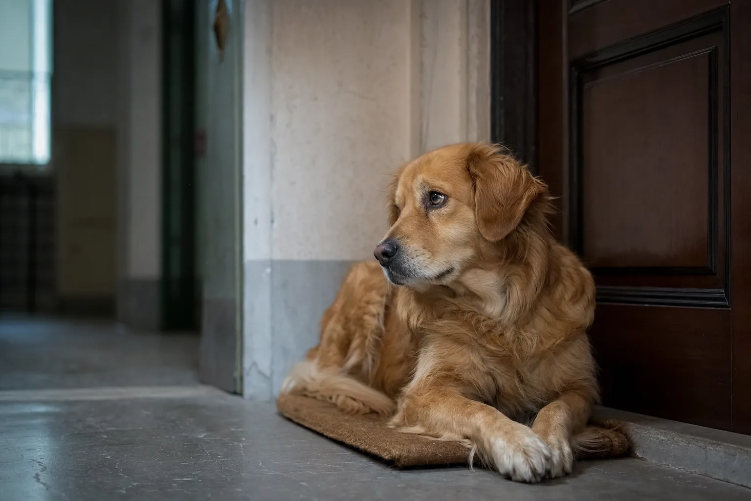 Chien seul attendant près de la porte d’entrée