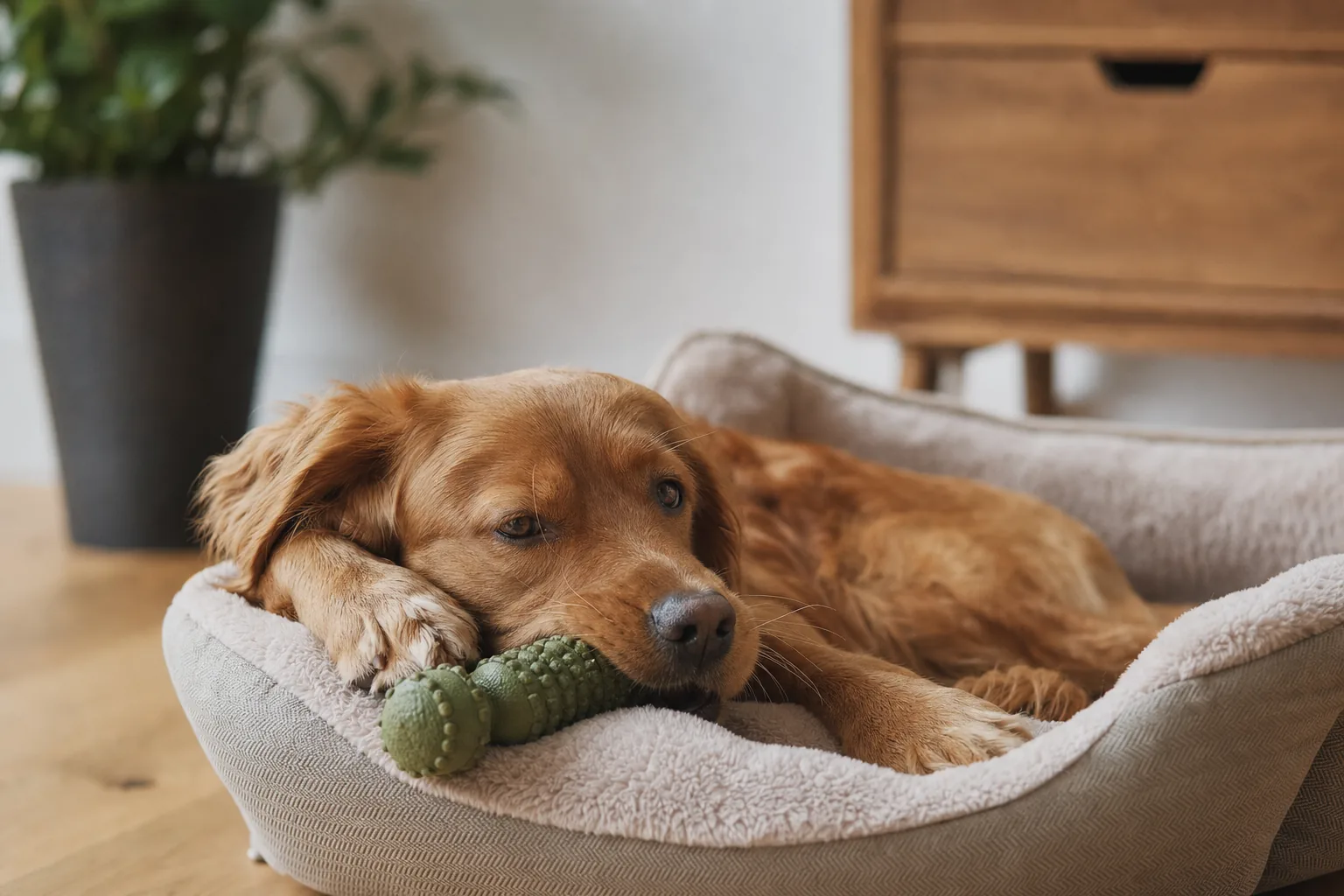 Chien serein dans son panier avec un jouet à mâcher