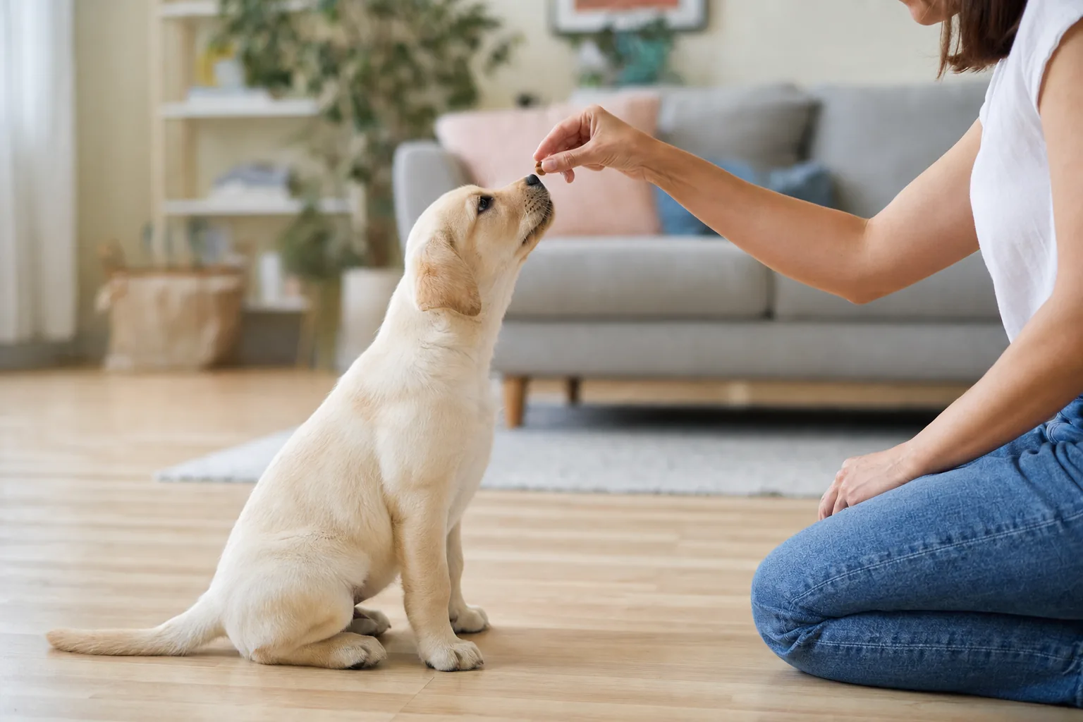 Chiot assis devant la main de sa maîtresse tenant une friandise