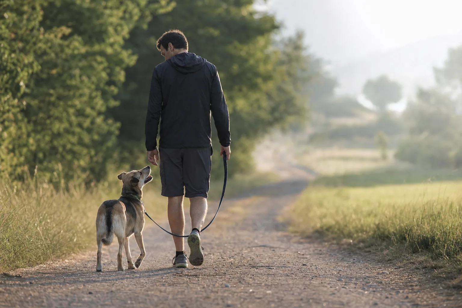 Chien marchant au pied gauche de son maître, laisse détendue sur un chemin