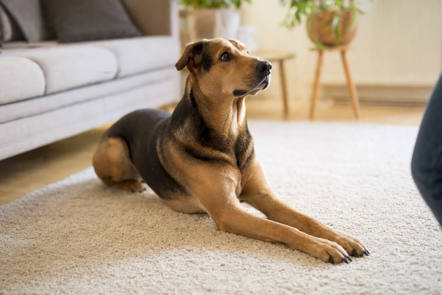 Chien couché en position sphinx sur un tapis, attentif à son maître