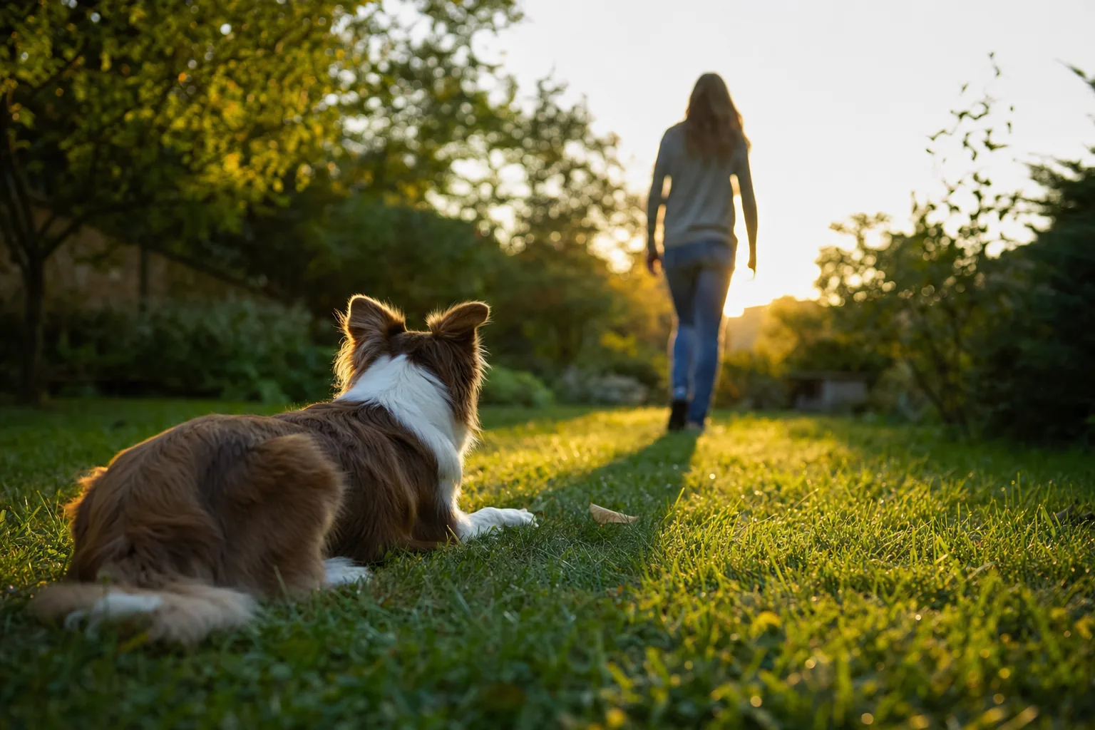 Chien couché immobile pendant que sa maîtresse s'éloigne de quelques pas