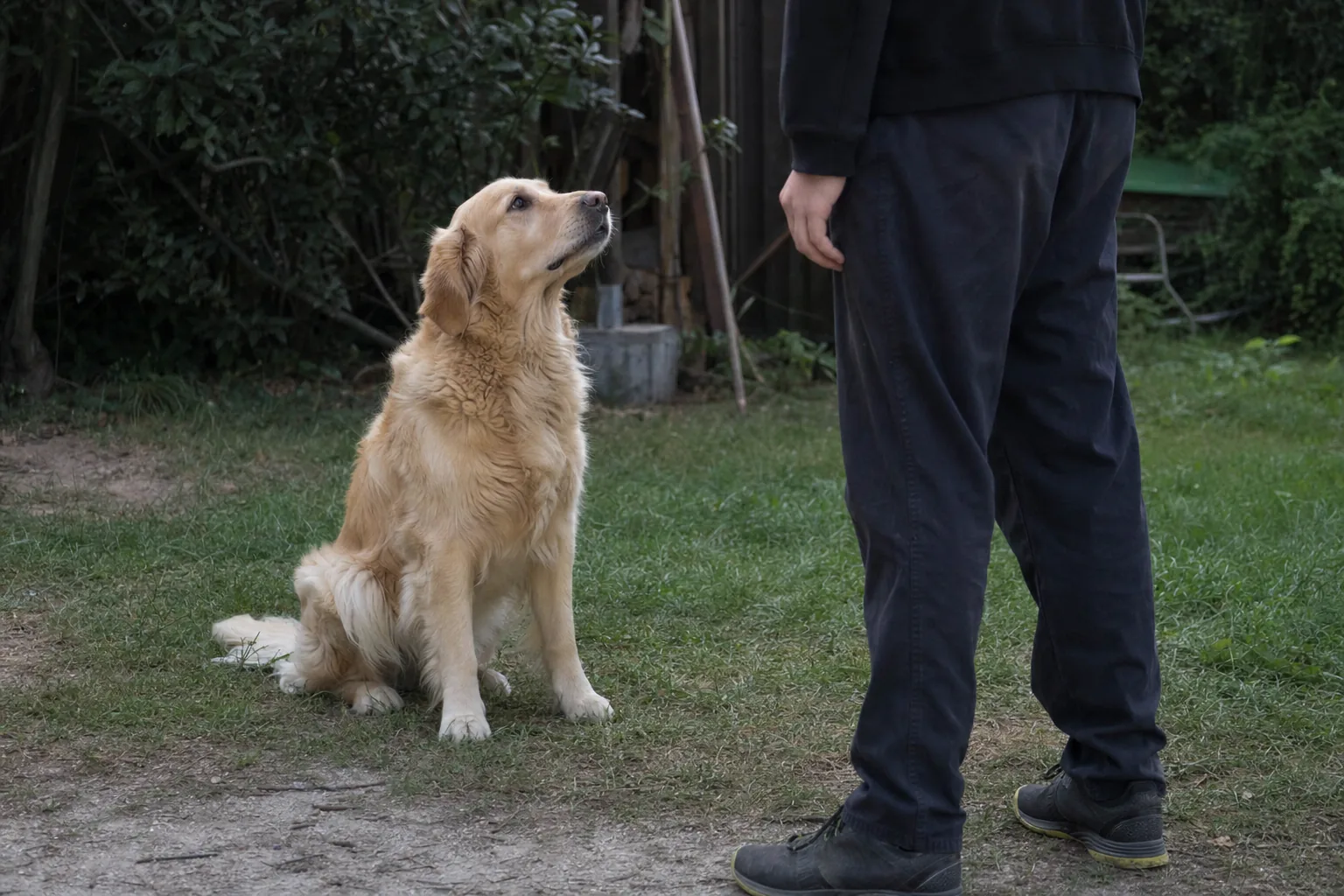 Golden retriever assis immobile face aux jambes d’une personne dans un jardin