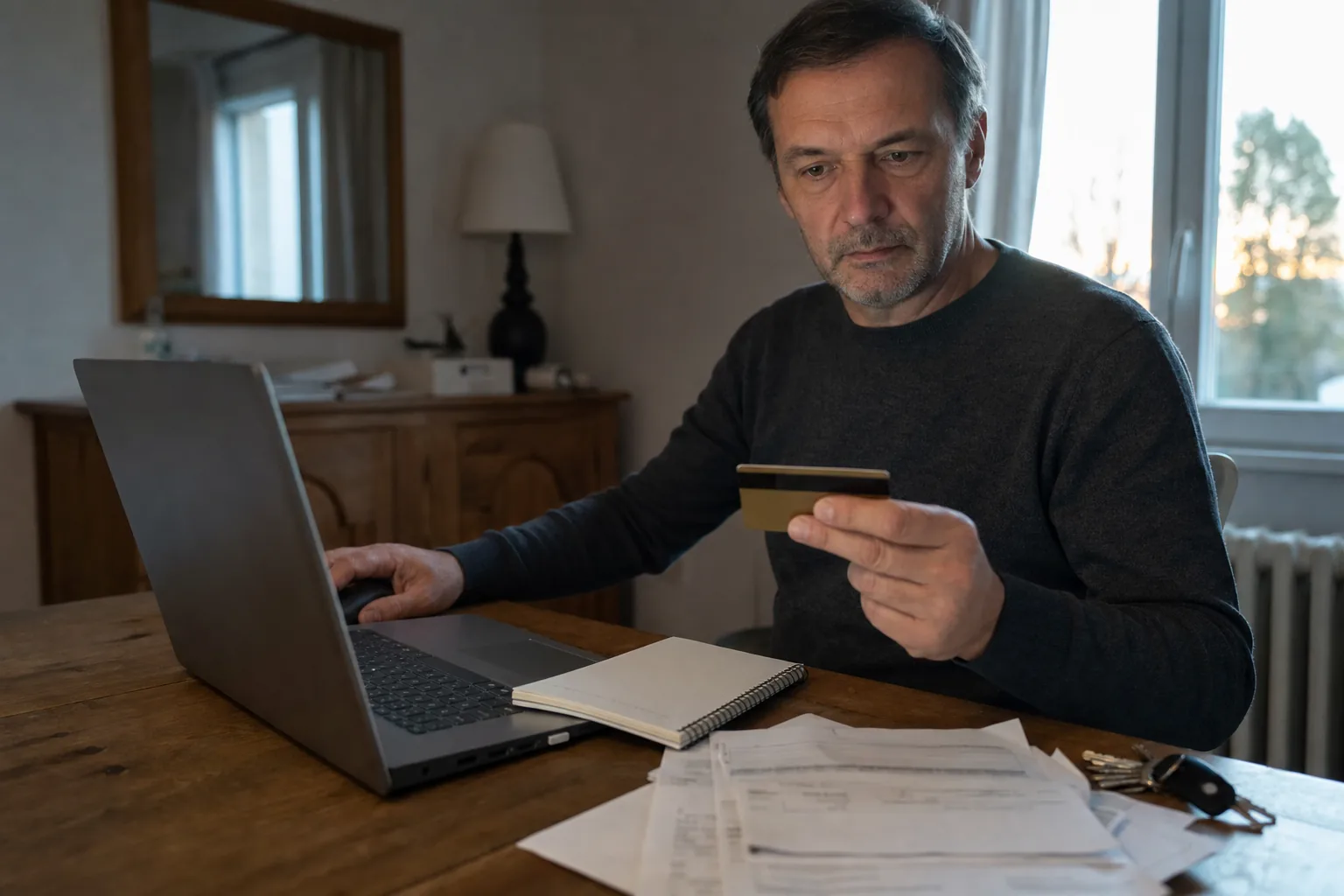 À une table de salle à manger près d’une fenêtre, un homme d’une cinquantaine d’années tient une carte bancaire devant un ordinateur portable ouvert, un carnet et des papiers administratifs étalés à côté
