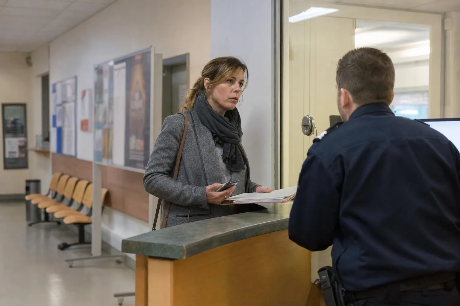 Au guichet d’accueil d’une gendarmerie, une femme debout tient un dossier de papiers et un téléphone et parle à un agent en uniforme vu de dos, des chaises vides le long du couloir