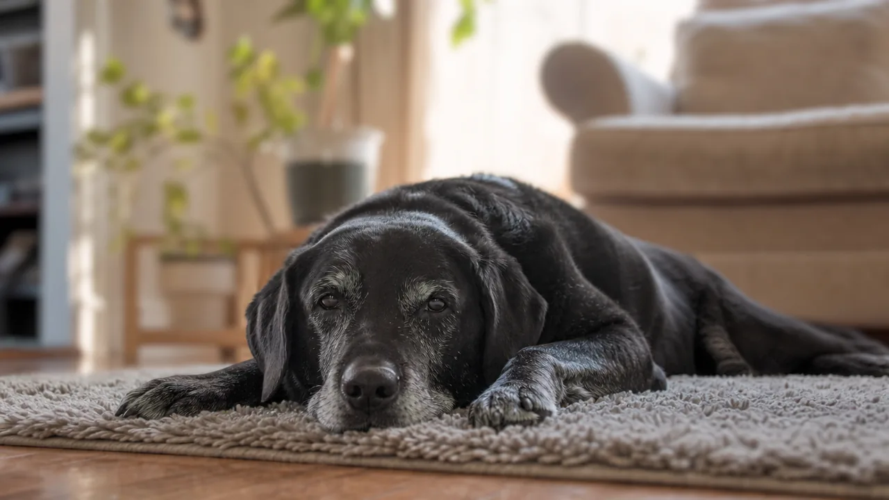Vieux labrador au museau grisonnant couché au repos sur un tapis moelleux