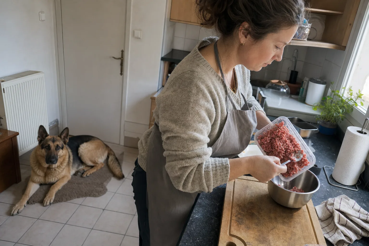 Une femme verse de la viande crue hachée dans une gamelle en inox sous le regard de son berger allemand couché dans la cuisine