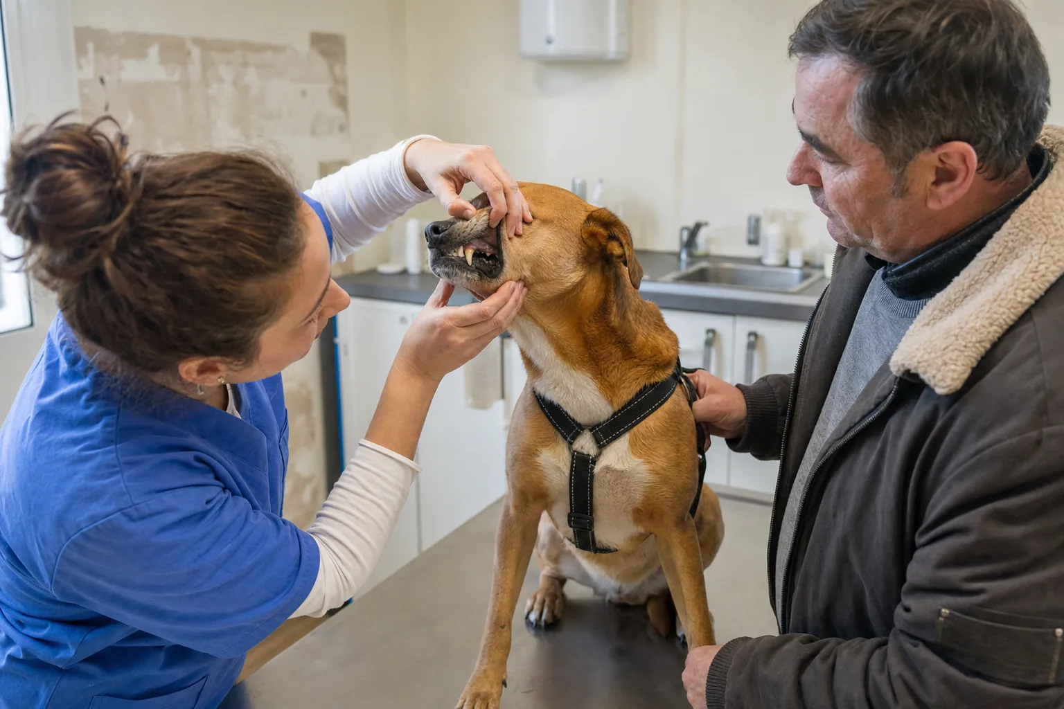 Une vétérinaire examine les dents d’un chien croisé roux assis sur la table de consultation, tenu par son maître
