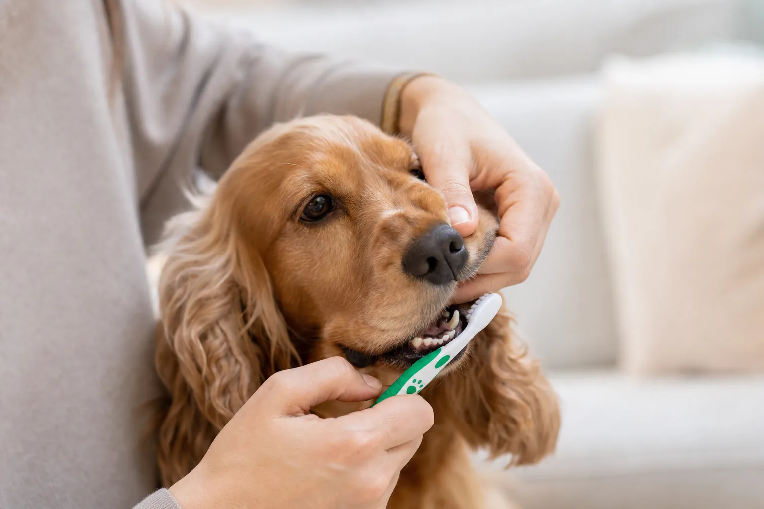 Mains brossant les dents d'un cocker calme avec une brosse à dents pour chien dans un salon