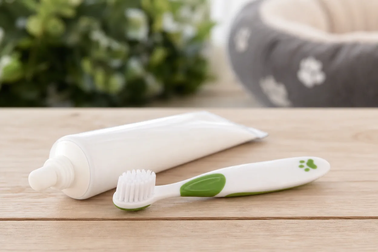 Brosse à dents pour chien et tube de dentifrice canin posés sur une table en bois