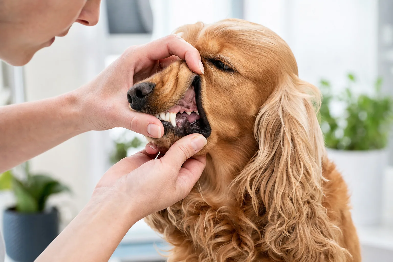 Personne soulevant la babine d'un cocker calme pour montrer ses dents propres