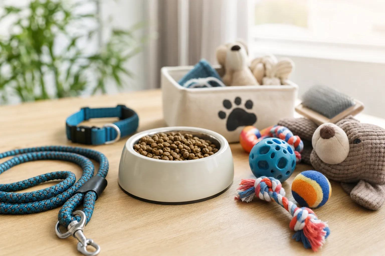Gamelle, laisse et accessoires pour chien posés sur une table