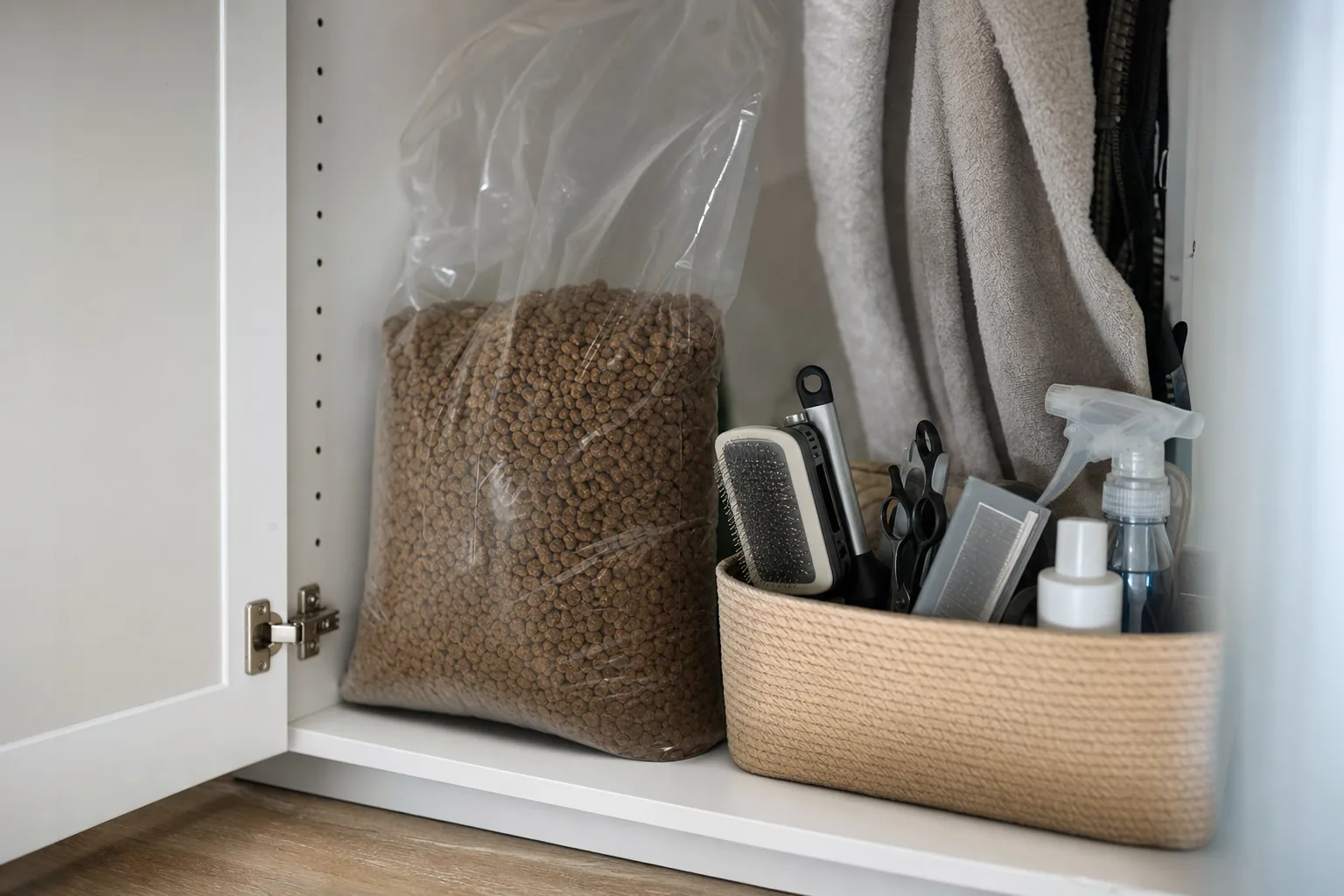 Sac de croquettes et accessoires de toilettage rangés