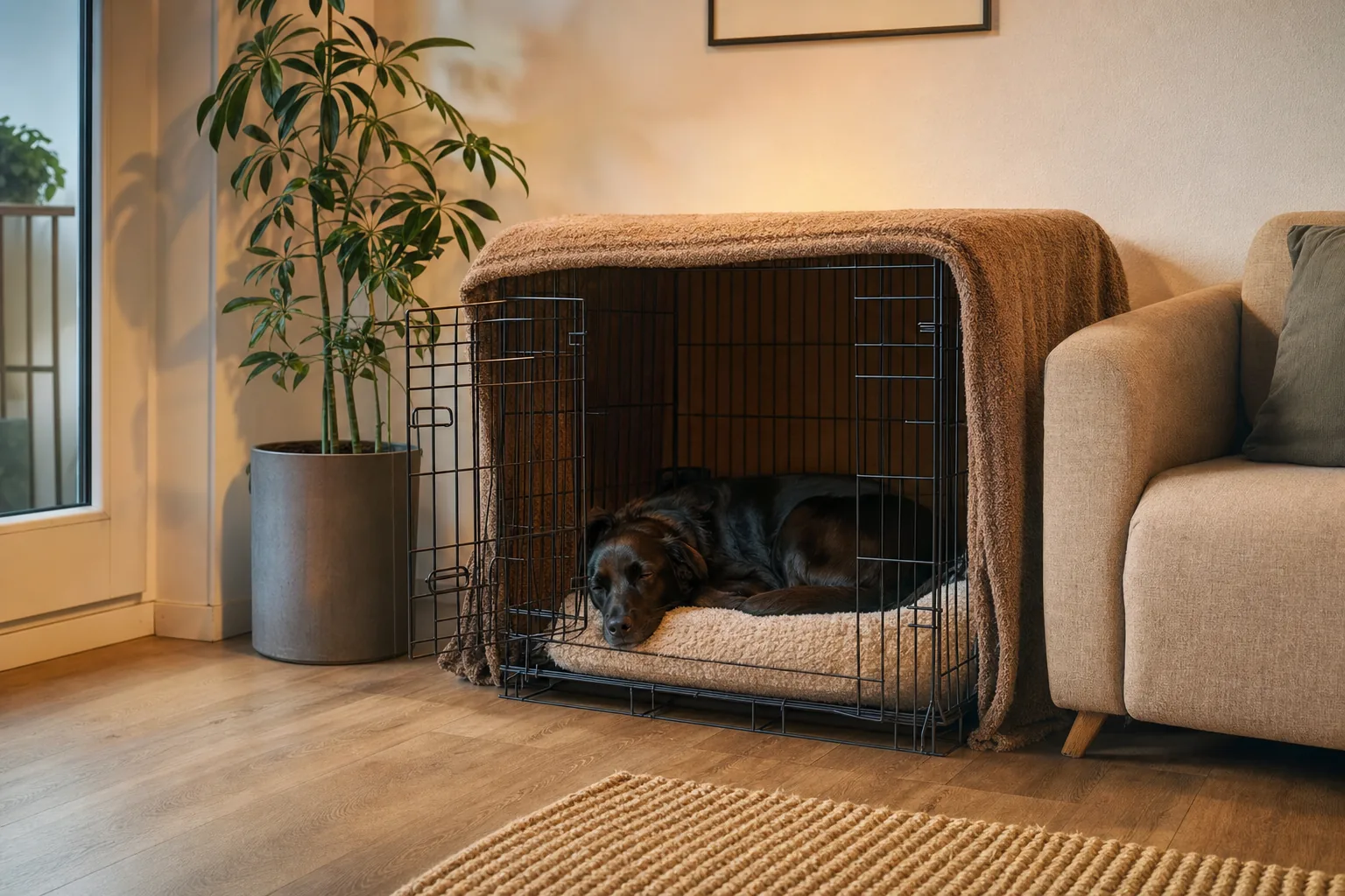 Chien noir endormi dans une cage porte ouverte, couverte d'un plaid pour former une tanière