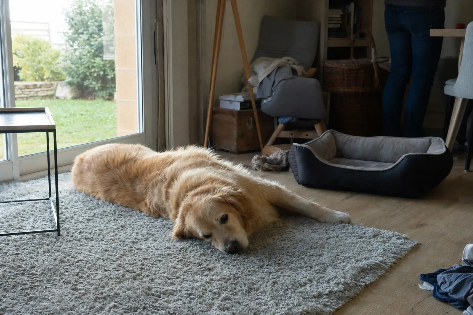 Golden retriever couché sur un grand tapis près d’une porte-fenêtre, sans cage