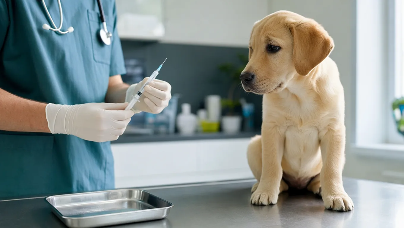 Vétérinaire préparant un vaccin près d'un chiot labrador sur la table d'examen