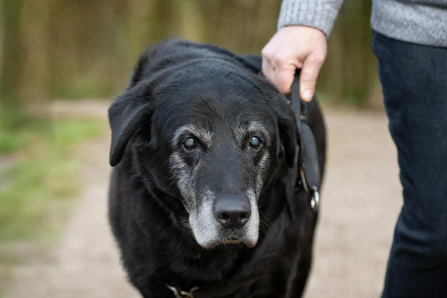 Chien senior à la vue baissée guidé par son maître