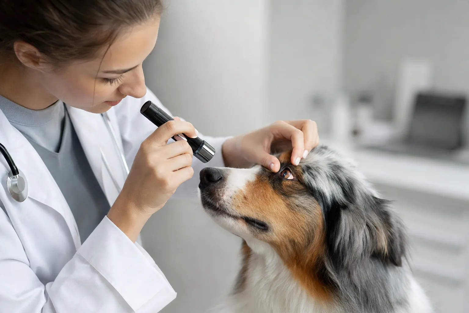 Vétérinaire examinant l'œil d'un chien en clinique