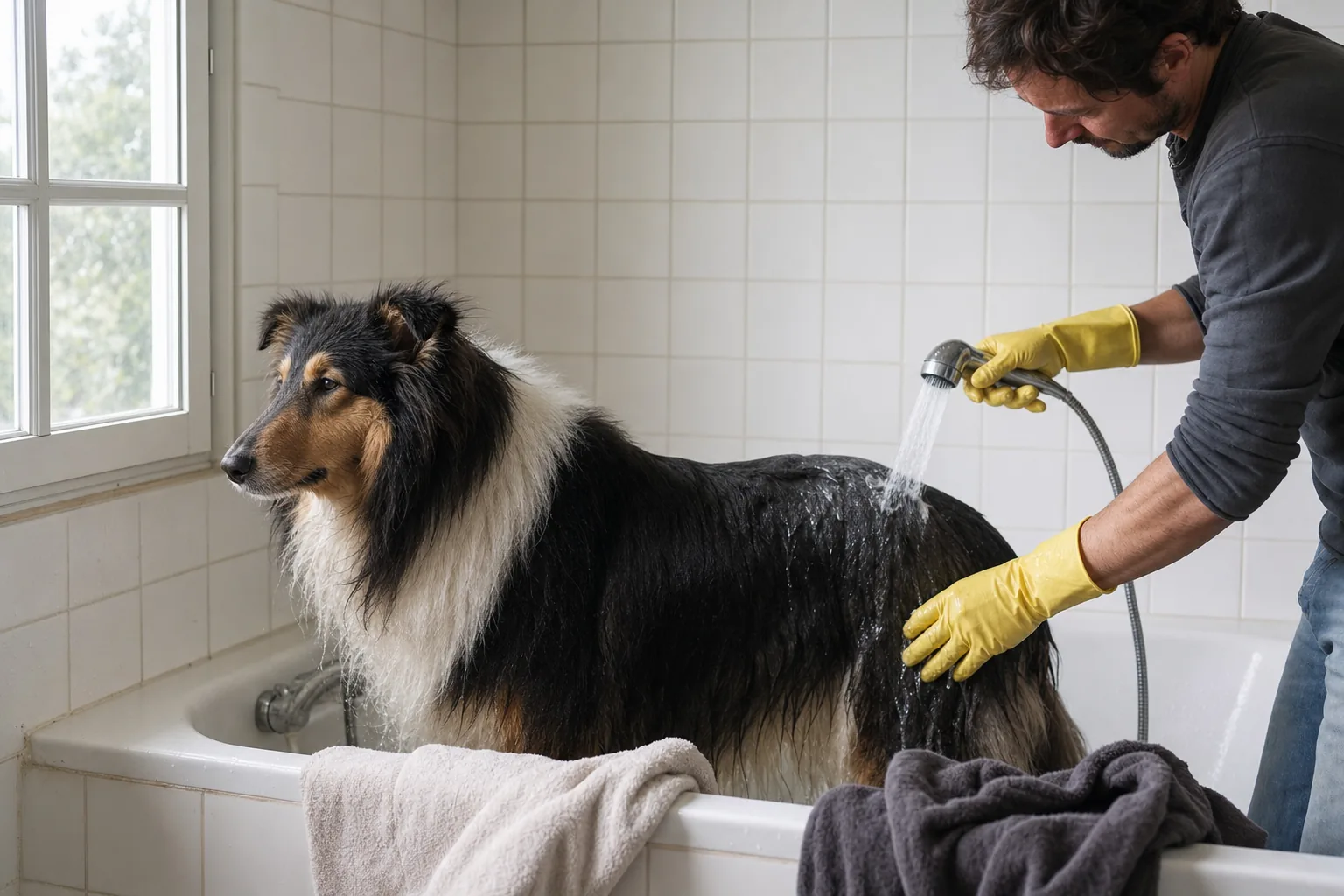 Dans une baignoire, un homme en gants de vaisselle jaunes rince à la douchette le bas du dos d’un colley tricolore, loin de sa tête
