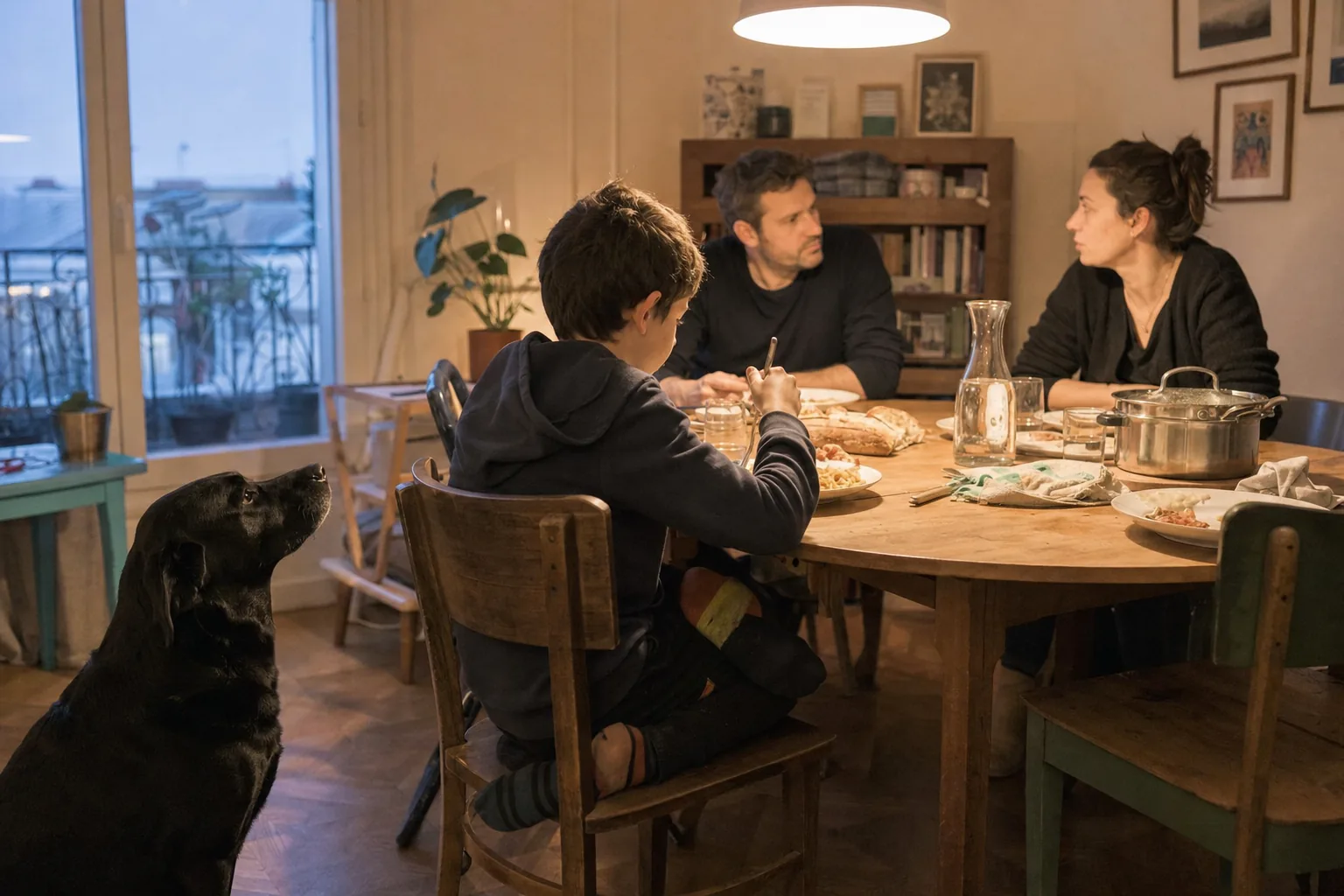 Le soir, dans la salle à manger d’un appartement, un labrador noir assis sur le parquet lève la tête vers l’assiette de pâtes d’un garçon en sweat à capuche, pendant que ses parents dînent et discutent sous la suspension.