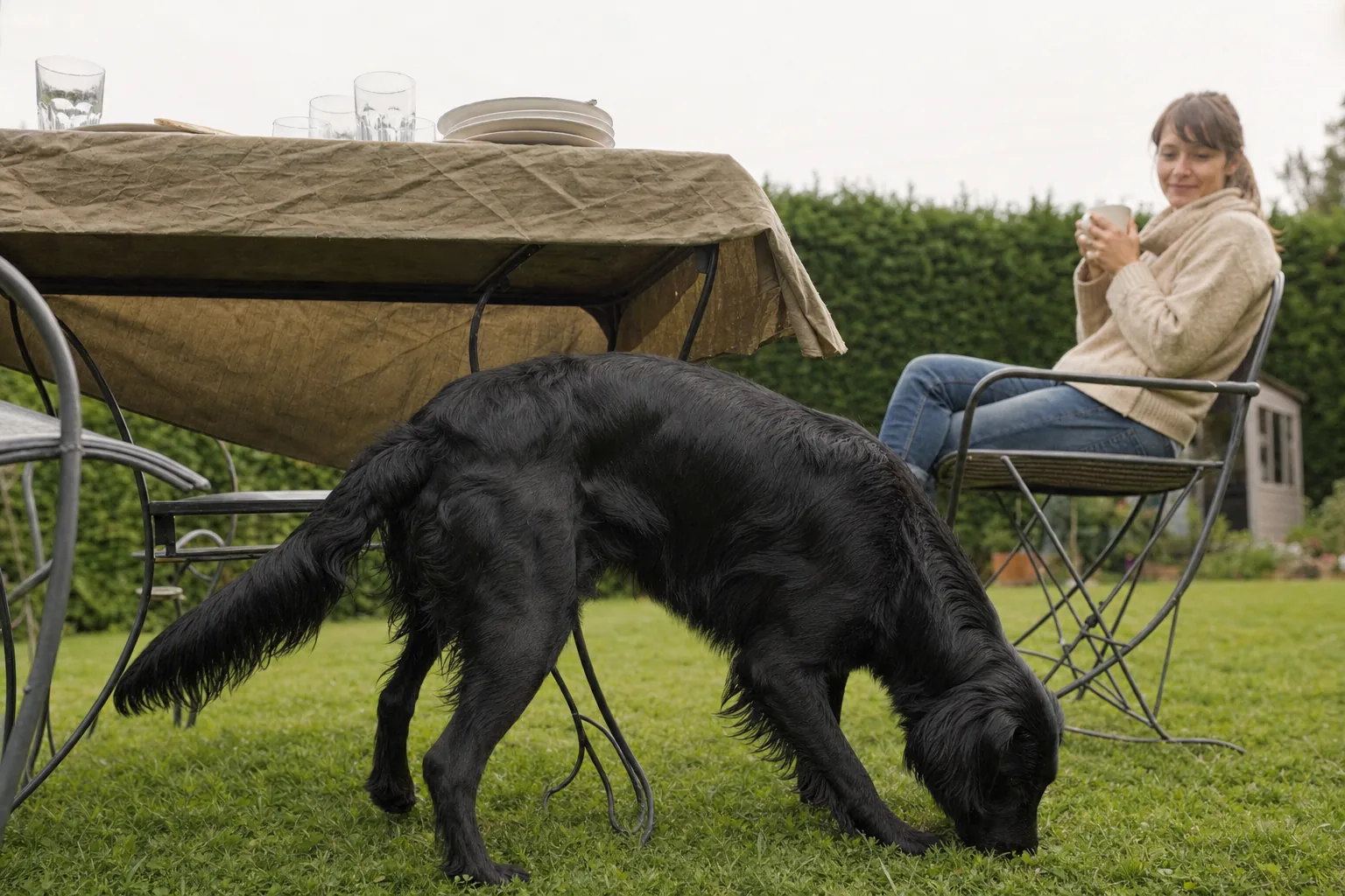 Dans le jardin d’un pavillon, un retriever à poil plat noir flaire l’herbe sous une table de jardin couverte d’une nappe froissée, assiettes empilées et verres vides, sous le regard amusé d’une femme en gilet beige qui tient une tasse.