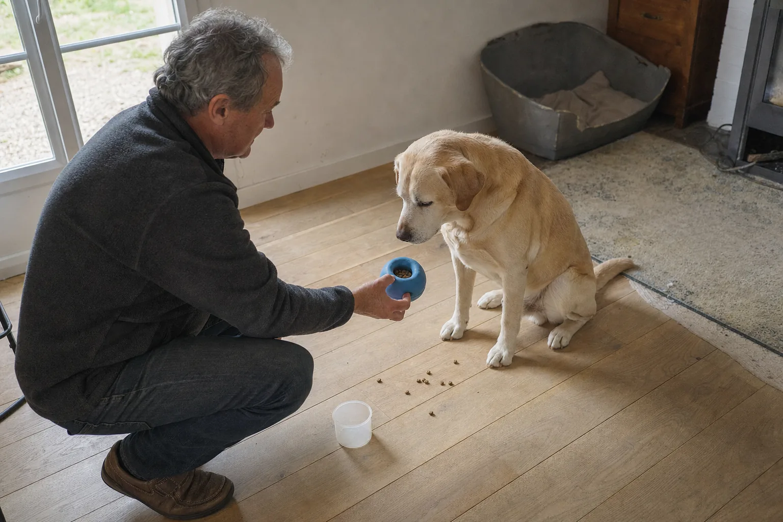 Dans le salon d’une maison, un homme aux cheveux gris accroupi sur le parquet tend un jouet distributeur bleu garni de croquettes à un labrador sable assis, quelques croquettes au sol et un gobelet doseur à côté.