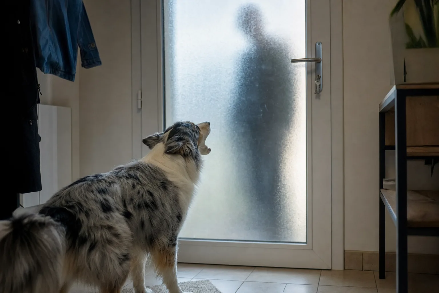 Berger australien aboyant devant une porte d’entrée vitrée, silhouette d’un visiteur visible derrière