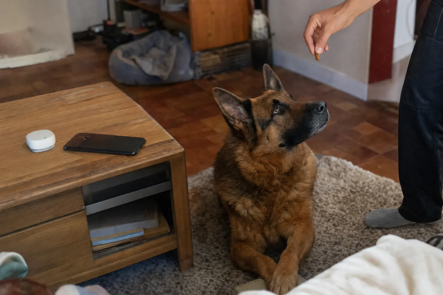 Berger allemand couché calmement sur un tapis de salon près d’un carillon de sonnette sans fil posé sur la table basse, une main lui tend une friandise