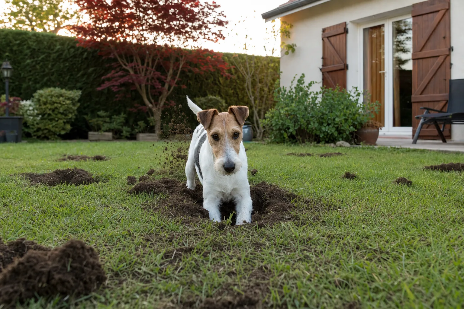 Fox terrier à poil dur debout dans un trou fraîchement creusé, pelouse d’un pavillon constellée de mottes de terre