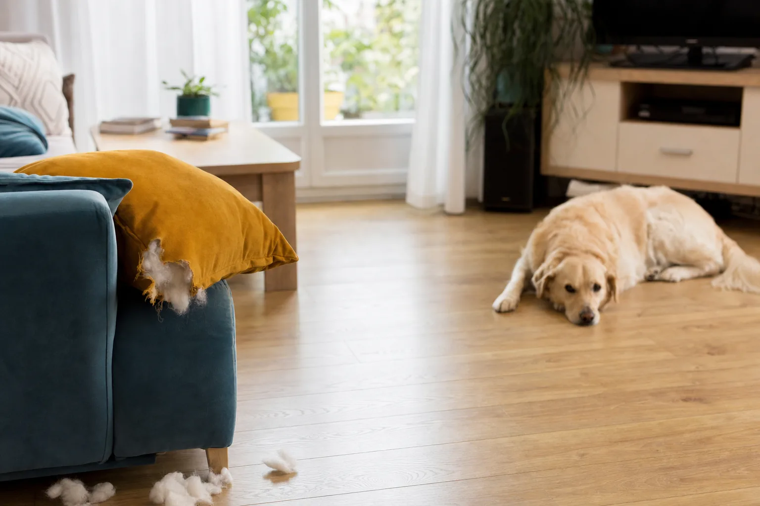 Coussin de canapé éventré et rembourrage au sol, chien couché à distance dans le salon