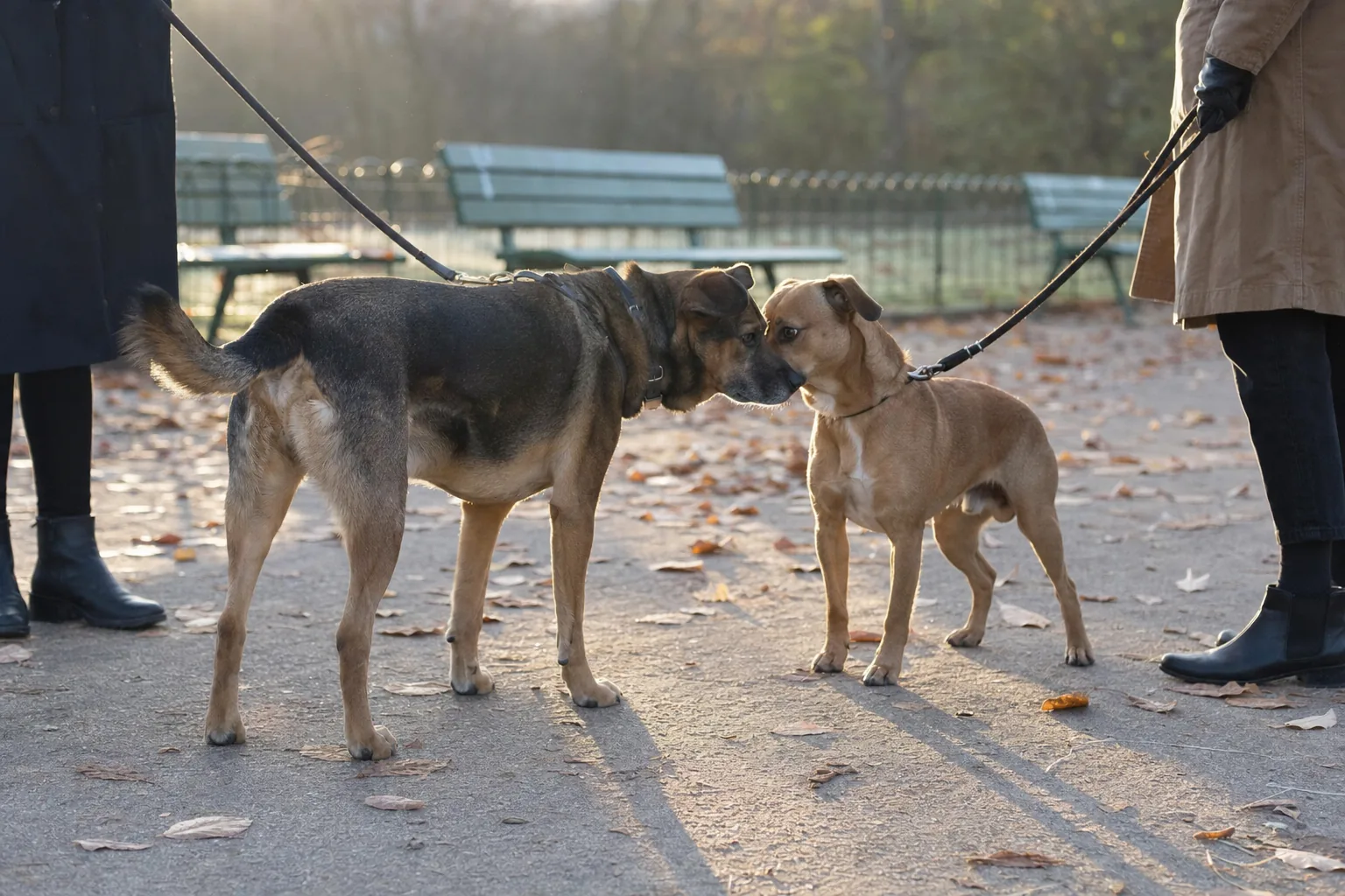 Deux chiens croisés adultes se reniflant le museau dans une allée de parc en automne, l’un nettement plus grand que l’autre, chacun tenu en laisse par une personne différente