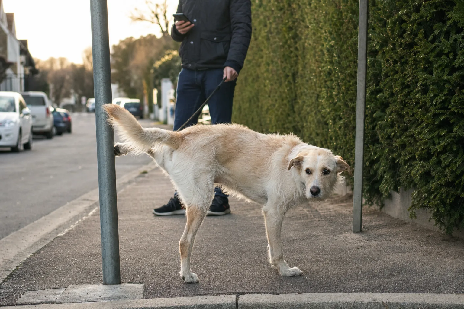Chien croisé au poil clair levant la patte contre un poteau sur un trottoir de rue résidentielle, son maître attend derrière, téléphone à la main