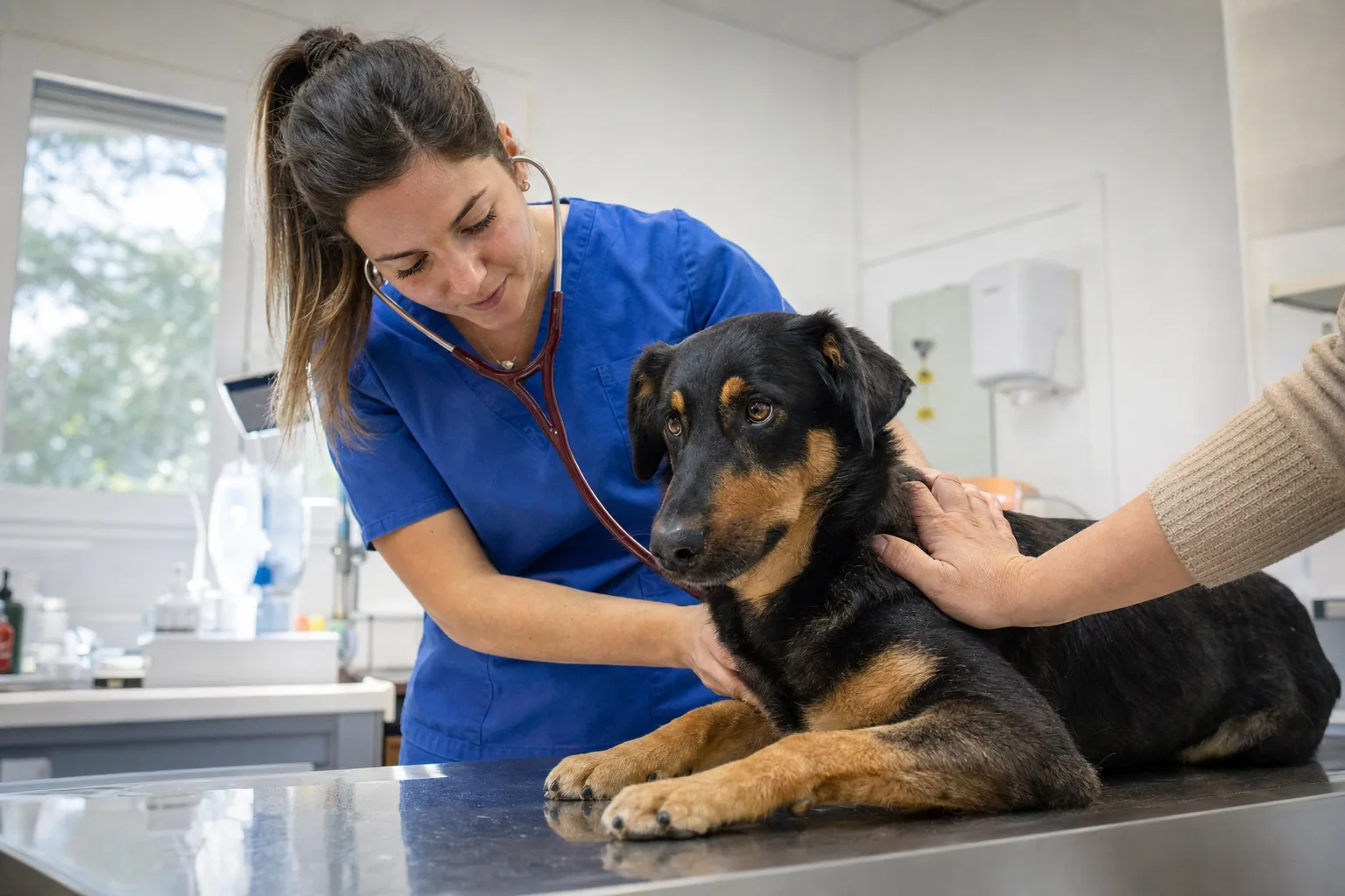 Vétérinaire en blouse bleue auscultant au stéthoscope une chienne croisée noir et feu couchée sur une table d’examen, la main de sa propriétaire posée sur son dos